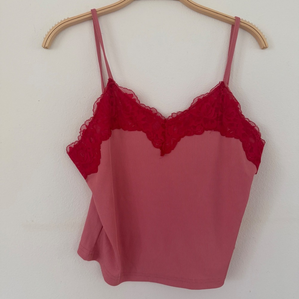 Pink Ribbed Lace Trim Camisole V-Neck Spaghetti Strap Tank Top XL